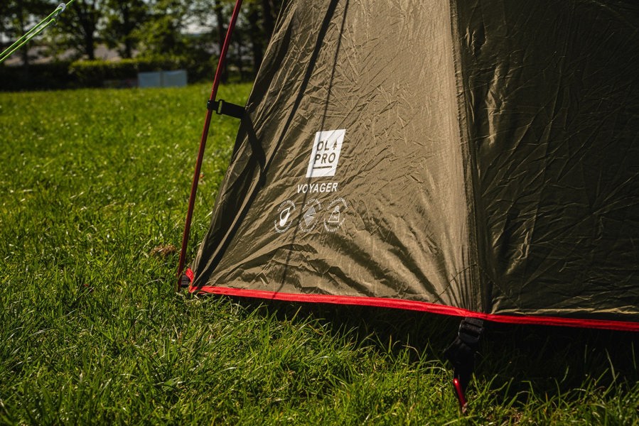 A closeup of the OLPRO logo on the Beckford Lightweight 2 Person Tent (Ripstop).