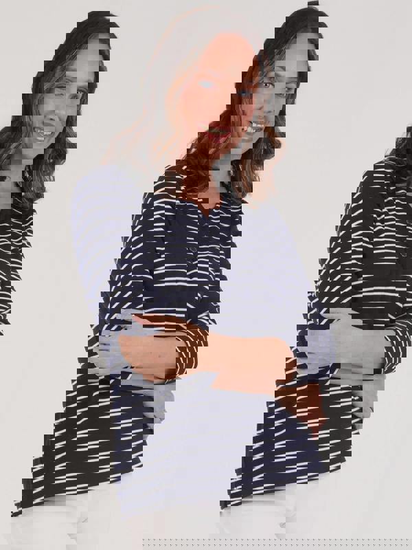 PennyPlain Notch Neck Stripe Top - French Navy/ivory