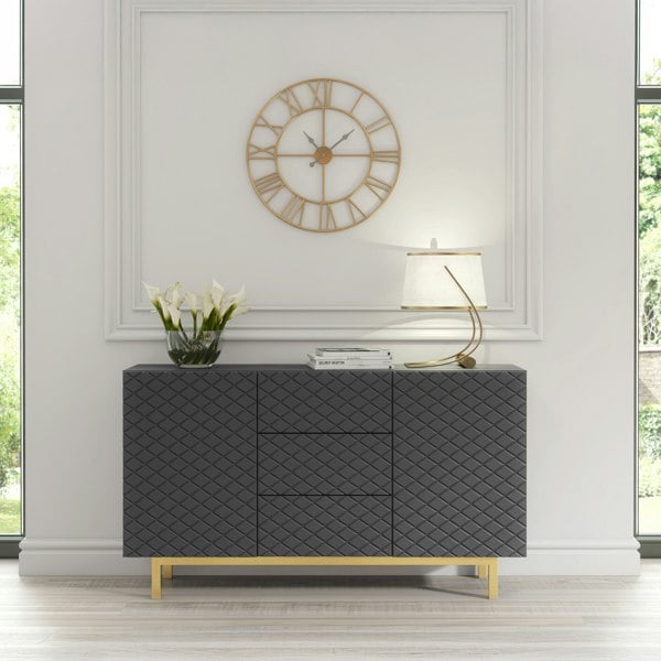 Mex FurnitureGrey Matt Sideboard 140cm Diamond Pattern with Gold Legs