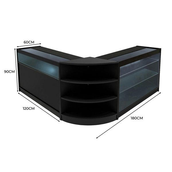 Black Calliope LED shop counter set featuring curved design, glass shelves, and modern LED lighting, dimensions 180cm x 120cm x 90cm