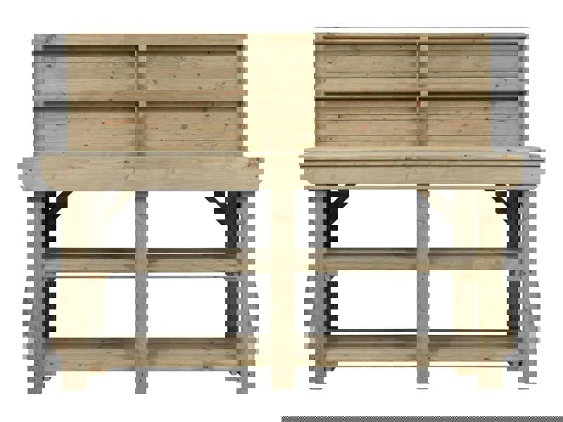 Indoor/Outdoor Pressure-Treated Double Shelf with back panel Workbench, a robust and versatile solution for all your workspace needs. Handcrafted in the UK, this workbench is constructed from high-quality, pressure-treated timber, ensuring durability and resistance to the elements, making it suitable for both indoor and outdoor use.