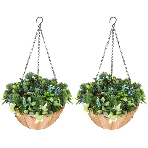 Wyld Haus Kabane Set Of 2 Hanging Artificial Lisianthus Floral Baskets With Pinecone Detail Green