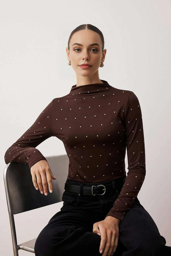 WOVCOR High-Neck Stretch Knit Blouse with Troc Accessory Detail