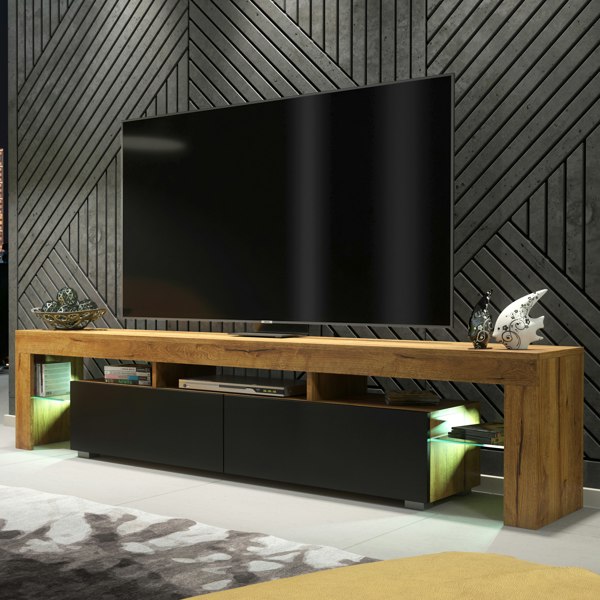 Mex Furniture Sleek 200 cm Modern TV Unit Cabinet Stand Oak Matt Black Doors with Free LED Lights