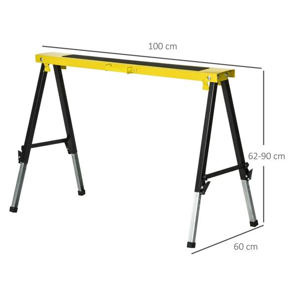 Adjustable yellow and black sawhorse trestle stand with folding legs