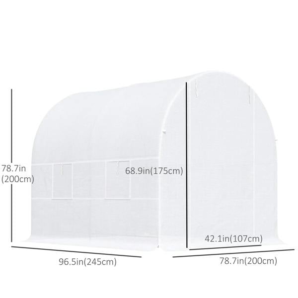White greenhouse size diagram with side, height, and base width dimensions