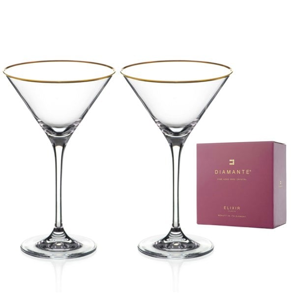 Diamante Hand Painted Gold Rim Crystal Martini Glasses - Set of 2