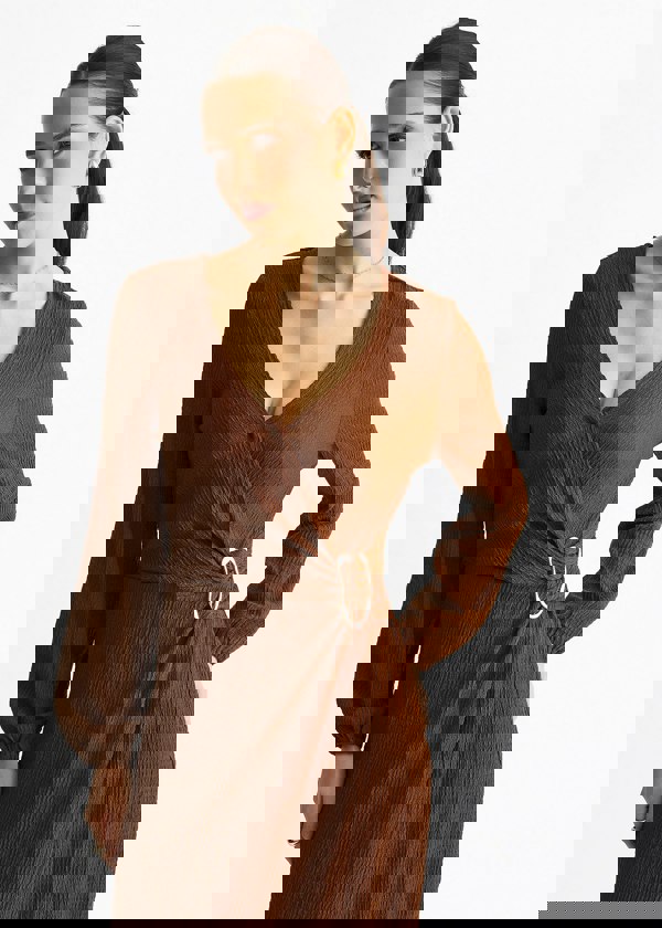 Gini London Brown Jersey Texture Wrap Metal Trim Midi Dress