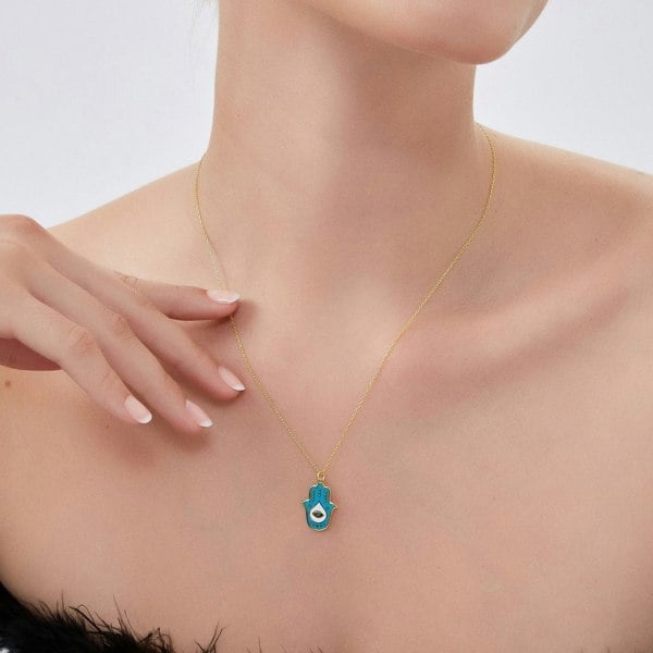 Spero London Authentic Turquoise Color Hamsa Hand Necklace Sterling Silver