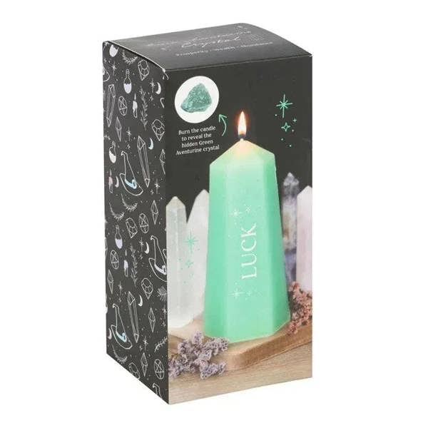 Luck crystal candle in retail box, mint green candle with “Luck” label