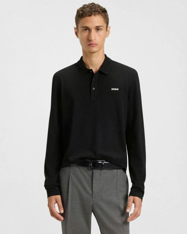 HUGO Donoslong Mens Cotton - piqué Long Sleeve Polo shirt with logo print - Black 001 | CHO | Designer Mens,Polo Shirts,Long Sleeve