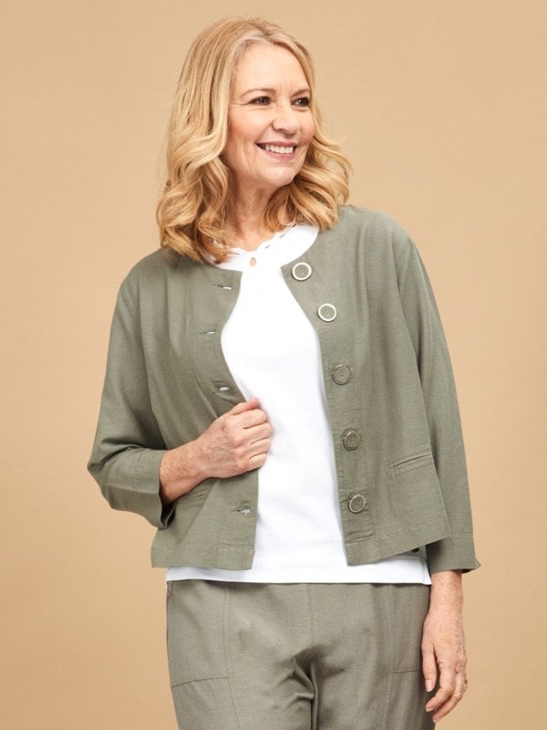 PennyPlain Linen Blend Crop Jacket - Sage