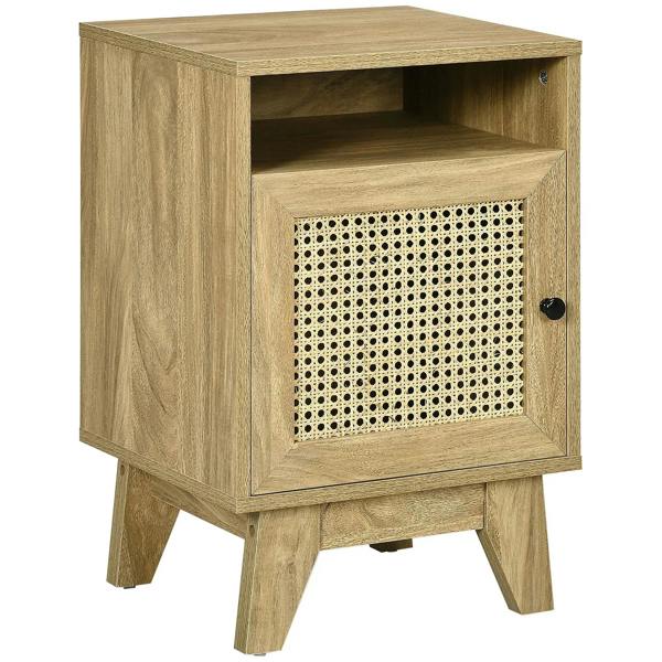 Narrow rattan nightstand with open top shelf and woven cabinet door, natural wood