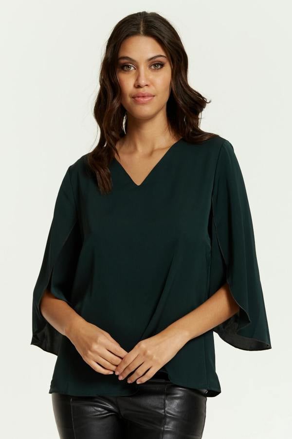 Hoxton Gal Oversized V Neck Top with Split Sleeves in Bottle Green
