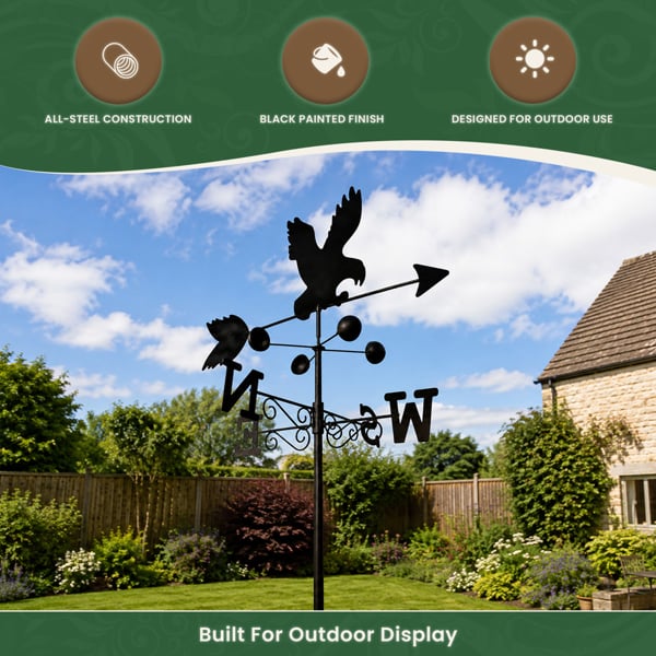 Eagle Weathervane, All-Steel Black Painted Weather Vane With Wall Fixings and 1.7m Ground Spike, Wind Speed Cups