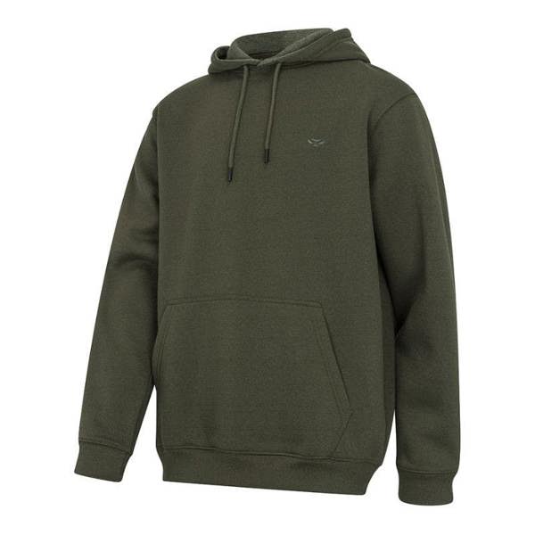 Hoggs of Fife hoodie in green angled front view with kangaroo pocket and adjustable hood