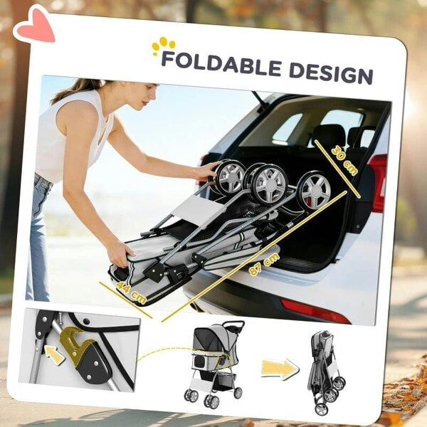 Dog Pram, Pet Stroller with Reflective Strips, Foldable Cat Stroller with 360° Swivel Wheels, Grey