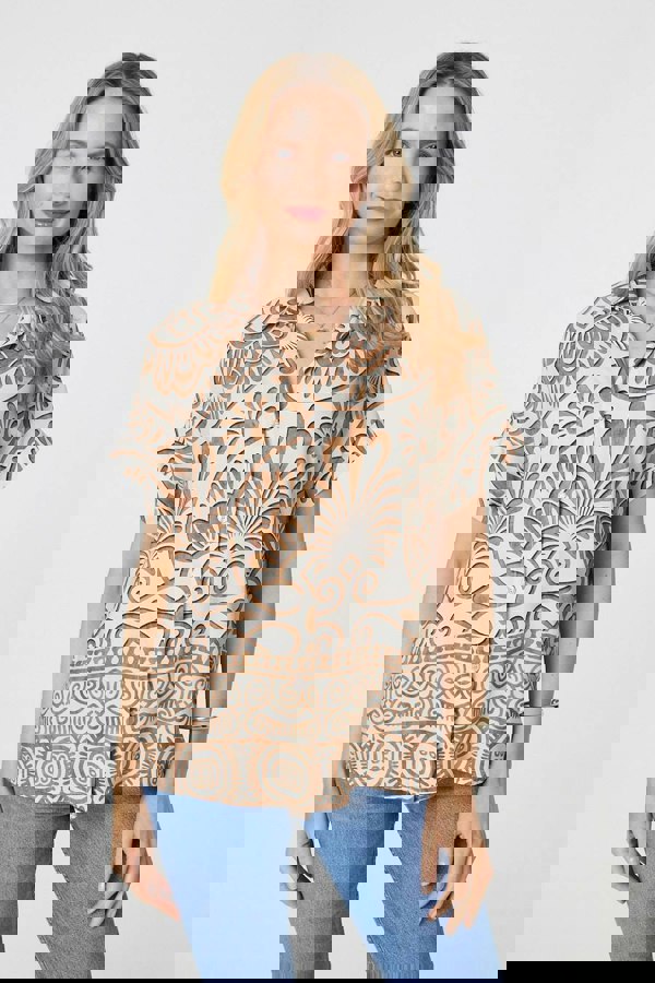 Beige | Printed Button Down Short Sleeve Shirt