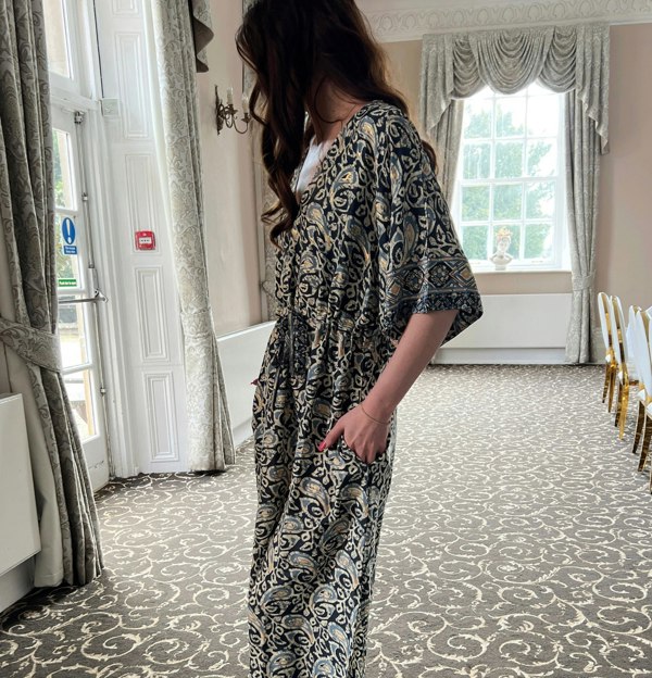 Antonia York Blue Paisley Dress Drawstring-Waist Siobhan Kaftan With Butterfly Sleeves