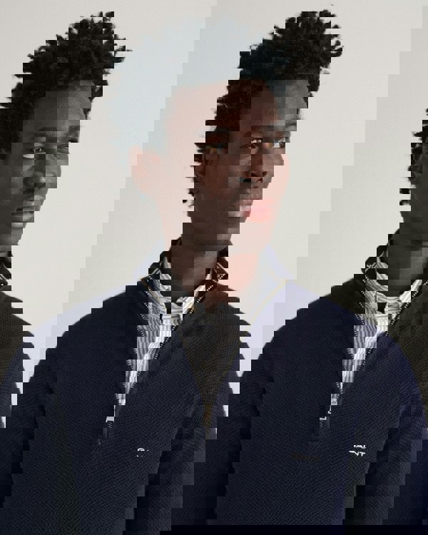 GANT Mens Cotton Pique Half Zip Jumper - 433 Evening Blue