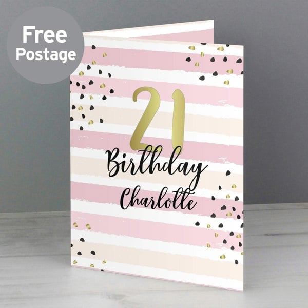 Personalised Memento Company Personalised Gold and Pink Stripe Birthday Card