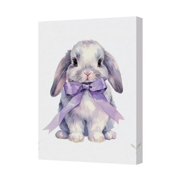 Benjamin Tate Design Cute Bunny Canvas Wall Art With Purple Bow For Kids Room Decor