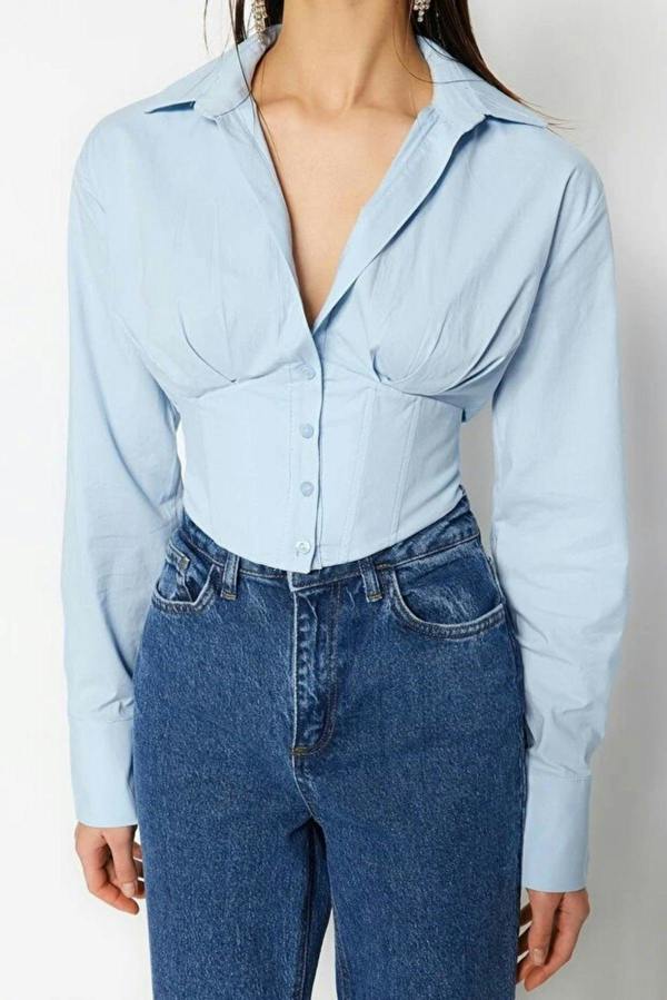 WOVCOR Crop Woven Poplin Shirt with Corset Detail