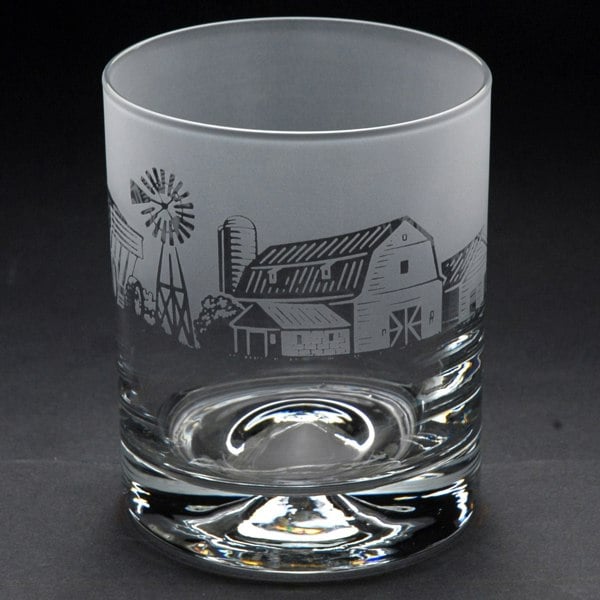 Glyptic Glass Art Farming Scene Whiskey Tumbler Glass - Hand Etched/Engraved Gift