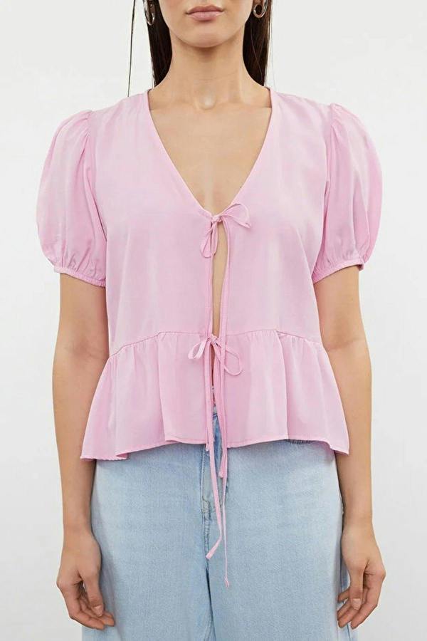 WOVCOR Tie Front V-Neck Short Sleeve Woven Shirt