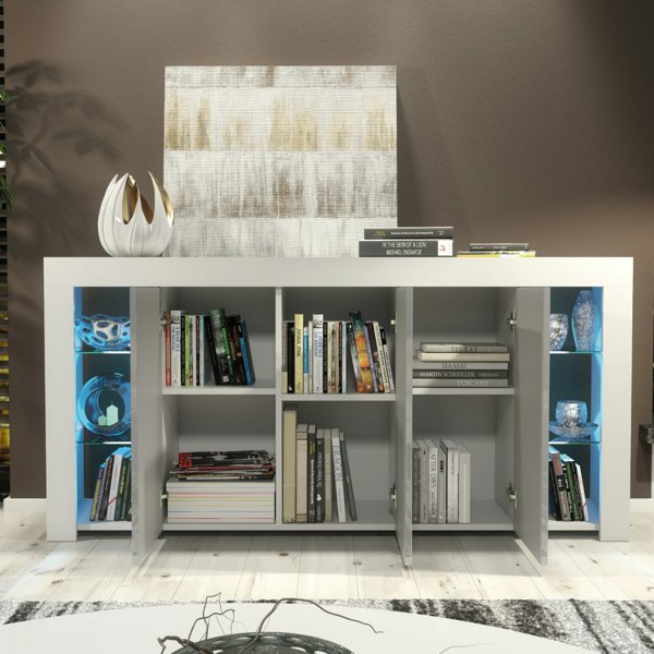 Mex Furniture Exclusive 164cm Cabinet Cupboard Sideboard TV Unit High Gloss Grey Doors & Free LED