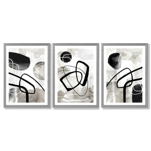 Artze Wall Art Set of 3 Abstract Black Grey Watercolour Framed Wall Art