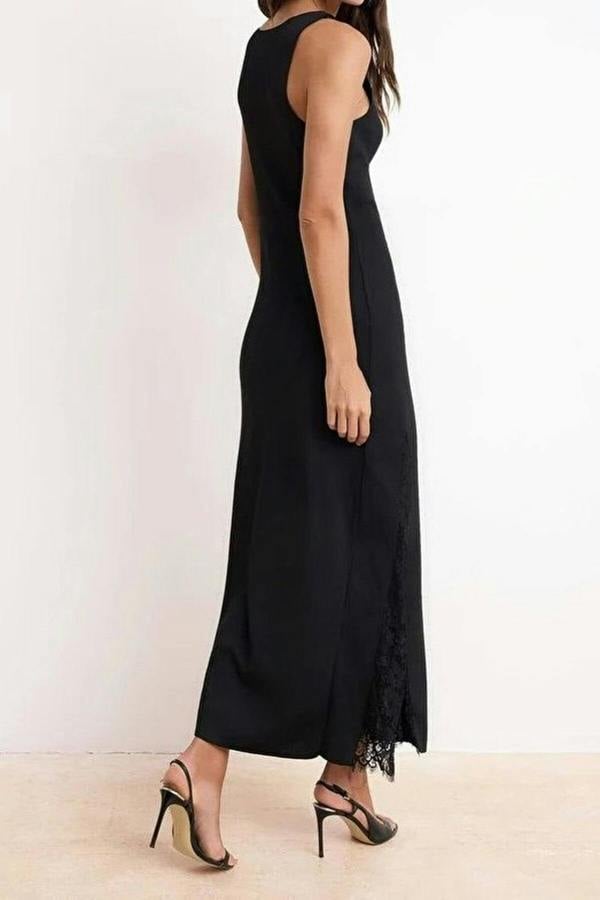 WOVCOR Plain Maxi Crew Neck Maxi Body-Hugging Lace Detail Knit Dress