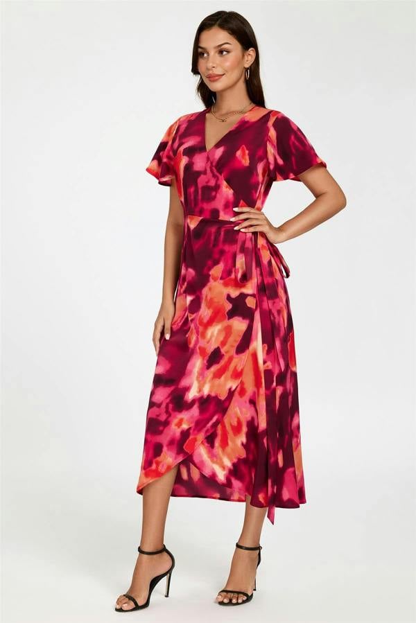 FS Collection Abstract Print Wrap Maxi Dress In Burgundy