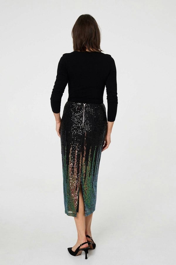 Black | Sequin Embellished Pencil Midi Skirt
