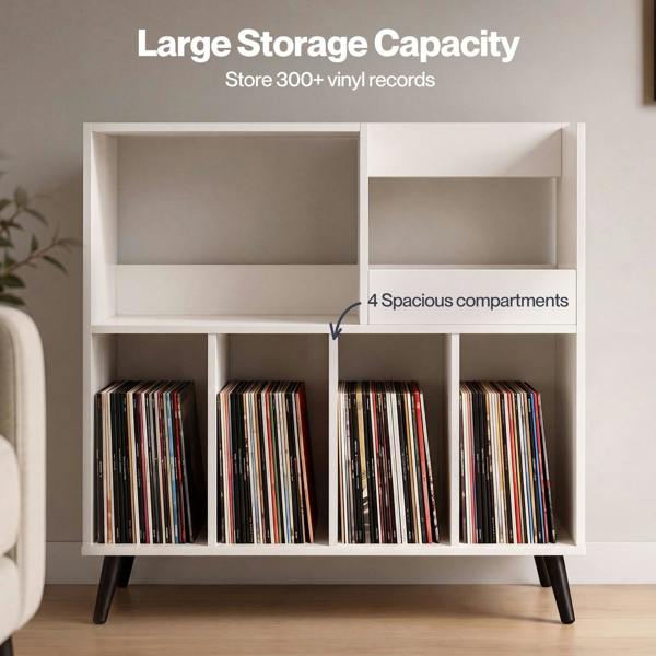 Levede Record Player Stand 300+ Album Storage Turntable Cabinet Rubber Wood White