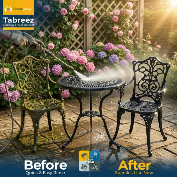 Homeology TABREEZ Garden and Patio Table and 2 Large Chairs with Armrests Cast Aluminium Bistro Set - Black