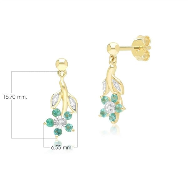 Gemondo Floral Emerald & Diamond Drop Earrings in 9ct Yellow Gold