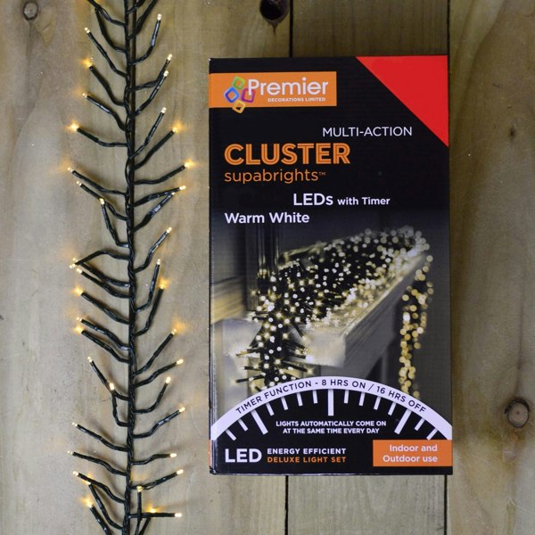 Samuel Alexander 480 LED 6.2m Premier Clusterbrights Indoor Outdoor Multifunction Mains Operated Christmas Cluster Lights with Timer in Warm White