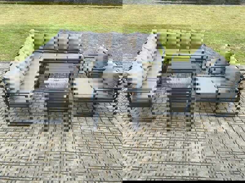 Fimous Aluminium Patio Outdoor Garden Furniture Lounge Corner Sofa Set with Oblong Coffee Table Big Footstool 3 Chair Dark Grey