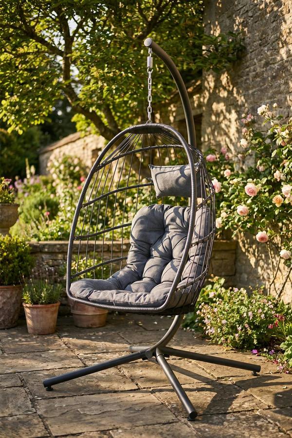 Living and Home Egg-Shaped Hanging Chair with Soft Cushion & Headrest