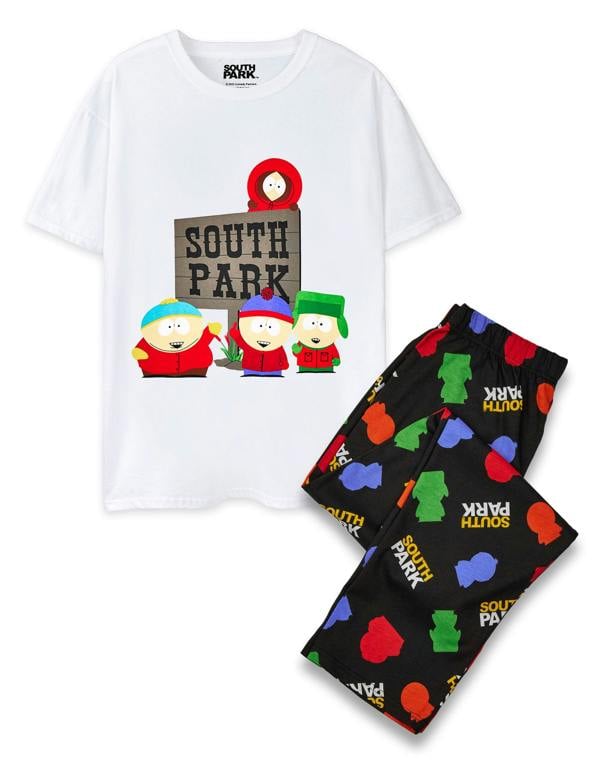 South Park Mens Black Front Character Top and All Over Print Bottoms Short Sleeve Long Leg Pyjama Set