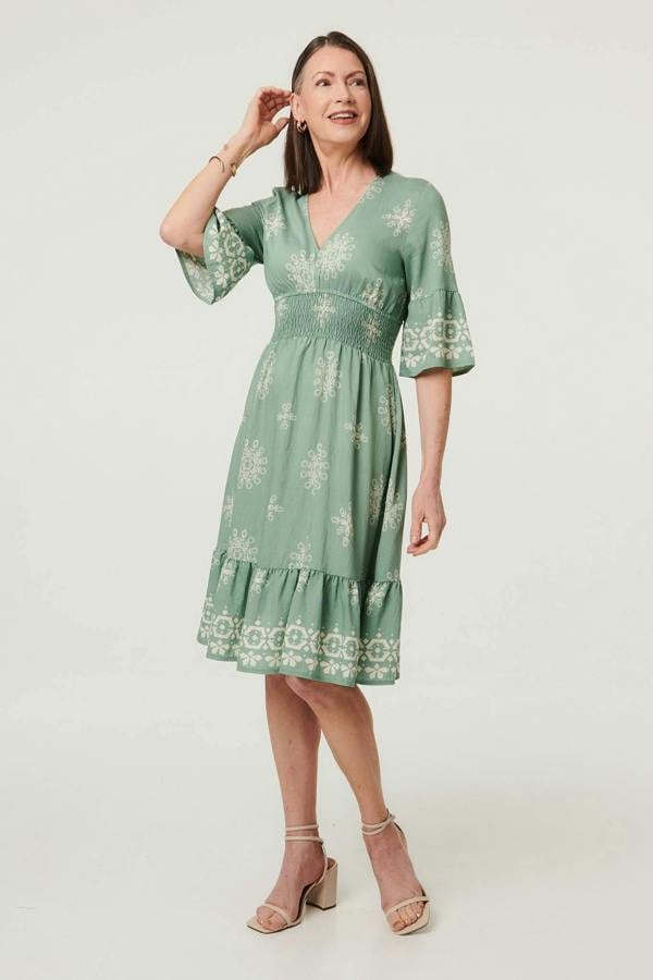 Green | Border Print Knee Length Dress