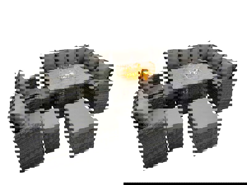 Fimous Outdoor Furniture Garden Dining Set Rattan Corner Sofa Chair Sets Gas Fire Pit Table with Temper Glass 3 Footstools Dark Grey Mixed