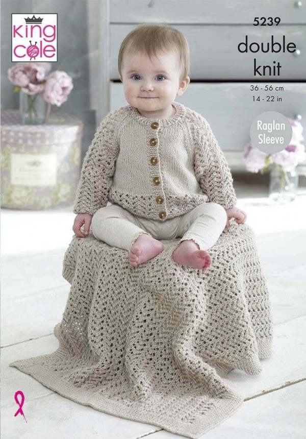 King Cole Baby Glitz DK Knitting Pattern 5239, Cardigans, Blankets, Headwear for Baby, Kids, 14 - 22 Inches
