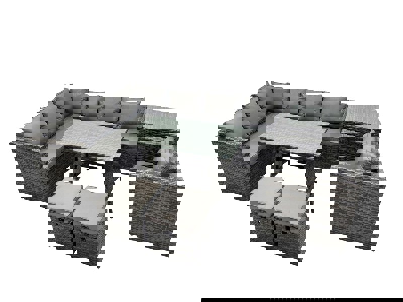 Fimous 9 seater Outdoor PE Rattan Sofa Set with Dining Table Patio Garden Furniture Sets with Chair 2 Small Stools Dark Grey Mixed