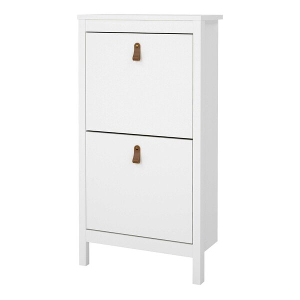 Wyld Haus Wildberry Matt White Wooden Shoe Cabinet 2 Flip Down Doors Leather Handles