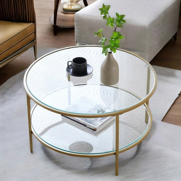 Rafaelo Mobilia Industrial 2 Tier Round Coffee Table With Tempered Glass