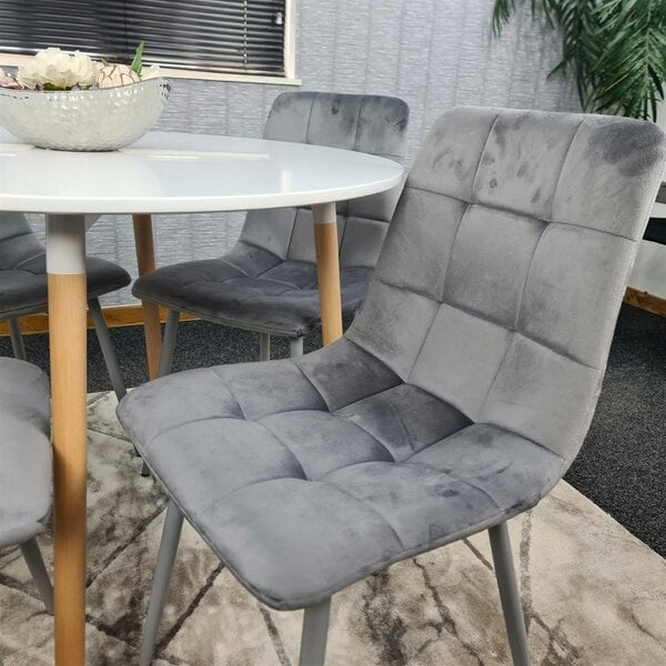Kosy Koala Dining Table and 4 Chairs  White Round Wood Table 4 Grey Velvet Chairs Dining Room Furniture