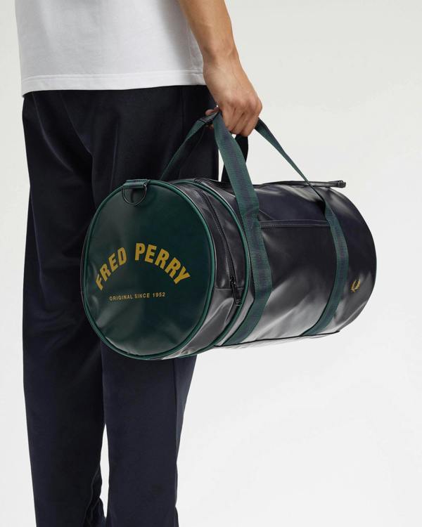 Fred Perry Recycled Polyester Classic Barrel Bag - Navy/Grassroots 83A | CHO | Designer Mens Bags