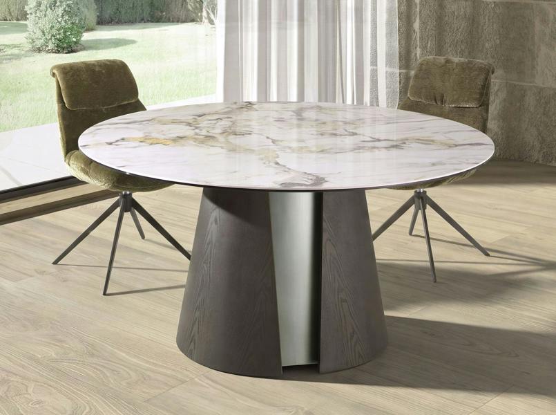 Angel Cerdá Round dining table in porcelain marble, dark ash oak and silver-coloured wood 1201